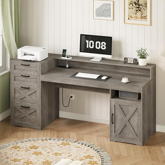 63" Farmhouse Computer Desk with 4 Drawers for Home Office, Bedroom | Executive Desk with Printer Shelf, Monitor Stand, Home Office Desks with Power Outlets, Storage Shelves, Grey