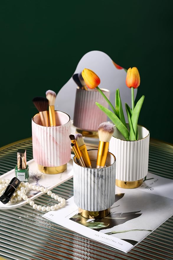 Makeup Brush Holder Organizer Pen Pencil Cup Glass Make Up Brushes and Toothbrush Organizer for Bathroom Vanity Desktop European Style Striped Brushes Container,Grey and Gold