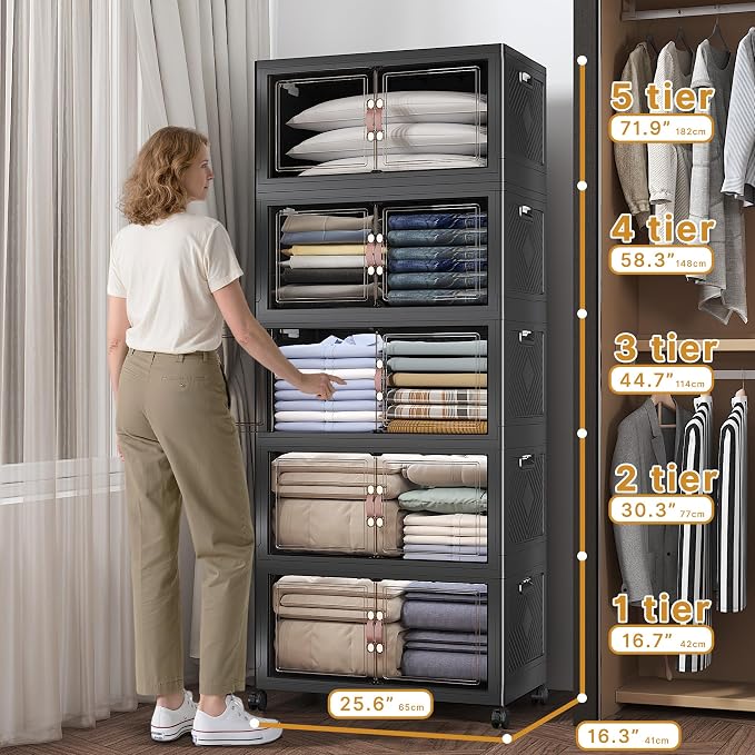 600QT Stackable Storage Bins with Lids, Doors & Wheels | Closet Organizers and Storage Cabinet, Lockable Plastic Foldable Drawers for Bedroom Dorm Office Garage（120QT*5,Black）