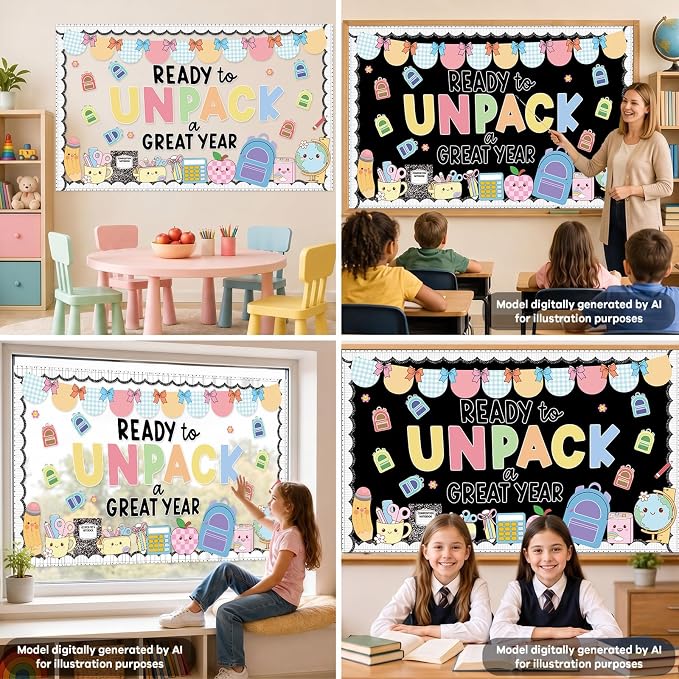 Welcome Back to School Bulletin Board Set Composition Notebook Inspirational Classroom Decoration Colorful Ready to Unpack a Great Year Paper Cutouts for School Office Home Chalkboard Wall Door Decor