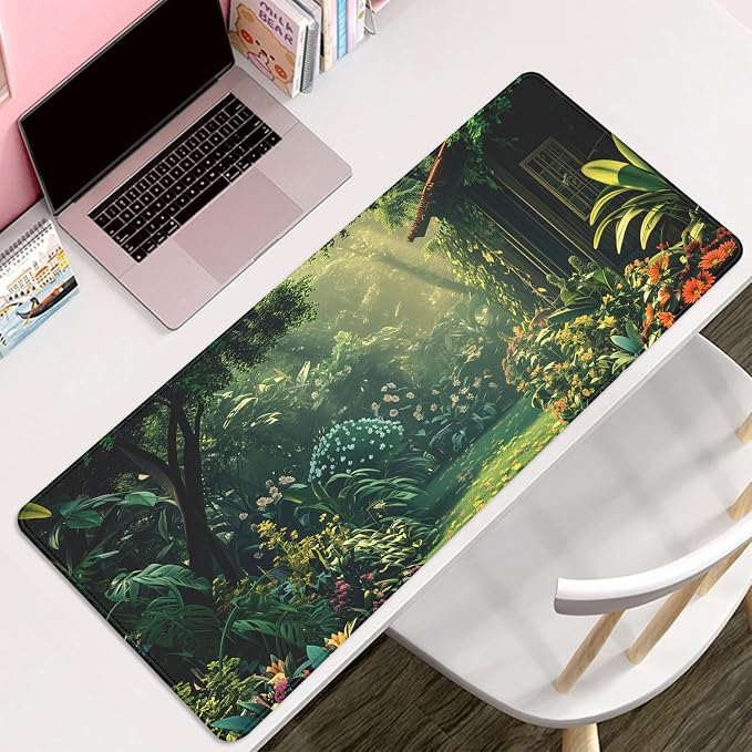Garden Mouse Pad Desk Mat Large Gaming Mouse Pad Green (27.5X11.8 in) | Stitched Edges Rubber Non-slip Girls Office Study Computer Keyboard Laptop PC XL Extended Long