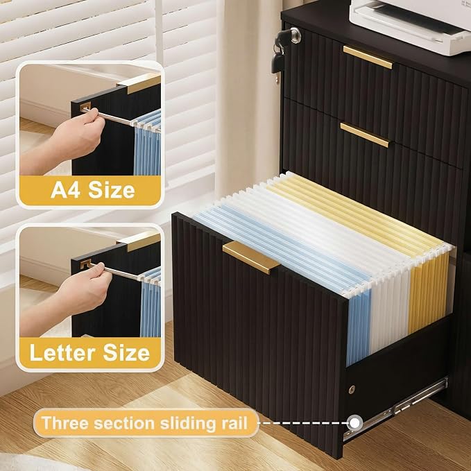 3 Drawer Fluted Mobile Filing Cabinet with Lock, Lateral Rolling Under Desk File Cabinet, Wooden Printer Stand Table for Home Office Essentials Storage Organization Furniture Letters/A4(Black)