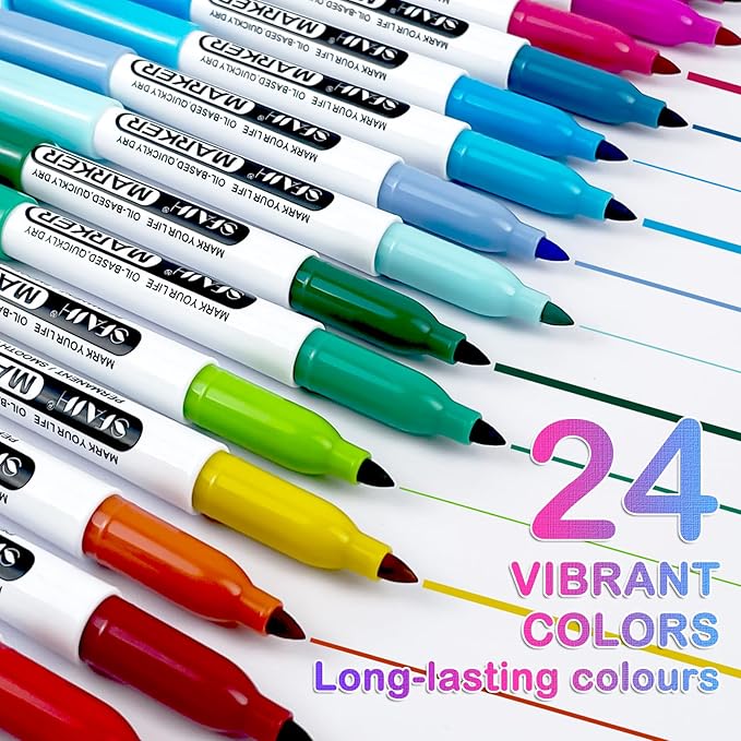 SFAIH 24 Colors Permanent Markers - Best Easter Gifts, Assorted Vibrant Colors, Quick Drying, Fade Resistant, Coloring Drawing Doodling, Alcohol-Based Fine Tip Permanent Pens for Paper Plastic Wood