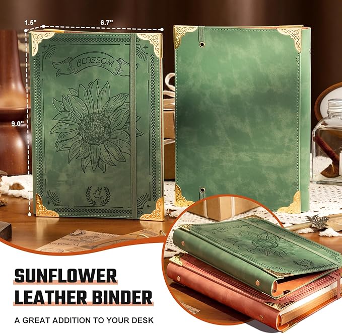 Sunflower PU Leather A5 Binder 6 Ring Refillable Journal Cover No Inserts A5 Planner Binder Loose Leaf Binder for Notebook 5.7”x8.3” with Elastic Closure, Green