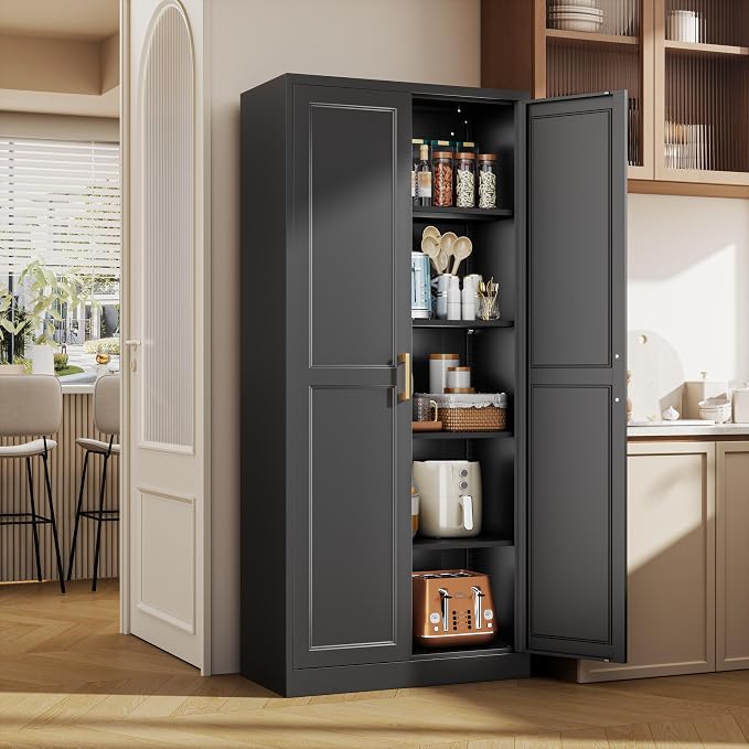 71" Tall Metal Kitchen Pantry Cabinet, Storage Cabinet with Doors | Kitchen Cabinet with 4 Adjustable Shelves, Food Pantry Cabinet, Cupboard for Kitchen, Dining Room, Garage, Office & School