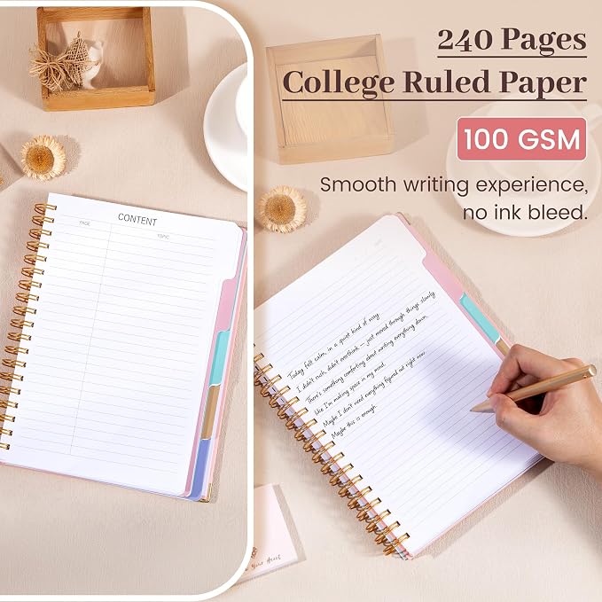 Yoment Hardcover Spiral Notebooks for Work 240 Pages Notebook with Dividers | Multi 5 Subject Notebook College Ruled with Tabs, B5 Lined Journals for Writing, Back to School, Gifts, Pink