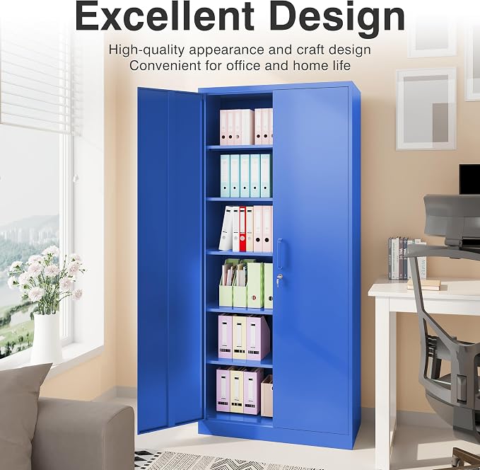 Blue Metal Storage Cabinet with 6 Shelves,71" Garage Storage Cabinet with Lock,6 Tier Steel Cabinets with Locking Doors,Lockable Cabinets for Home,Office,Shop,Garage