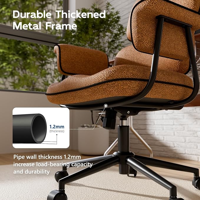 Brown Office Chair, Memory Foam Seat Mid Century Modern Desk Chair | 3.9" Sloped U-Shaped Memory Foam Cushion, Granular Linen Fabric, Lumbar Support, 1.2mm Sturdy Metal Tube, 400LBS Capacity