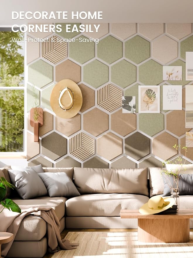 Fluxynara 10-Pack Hexagon Cork Board Alternative, Linen Dusk | Felt Bulletin Board with 50 Adhesive Tabs, Ideal for Vision Boards and Wall Decor in Homes, Offices, Classrooms, and Dorms