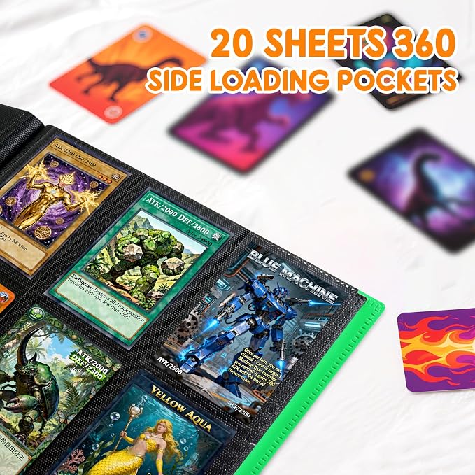 Trading Card Binder 9 Pocket, 360 Card Waterproof Folder with Side Loading Sleeves, Sturdy Card Collection Album for MTG, TCG, Game Cards & Sports Cards, 1 Pack, Green