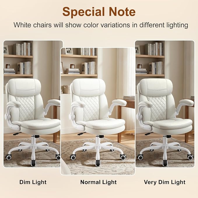 Leather Office Chair, PU Computer Desk Chairs with Upgraded Double-Layer Seat Cushion and Neckrest, 360°Swivel, Ergonomic Small Gaming Chair with Wheels and Adjustable Armrests for Short People, White