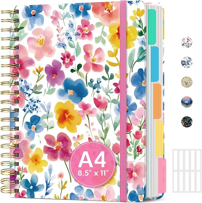 Spiral Notebooks for Work 5 Subject Notebook with Removable Dividers | Aesthetic Hardcover Journal for Women 8.5" x 11" College Ruled 280 Pages Journal for School & Note Taking, Bloom Floral