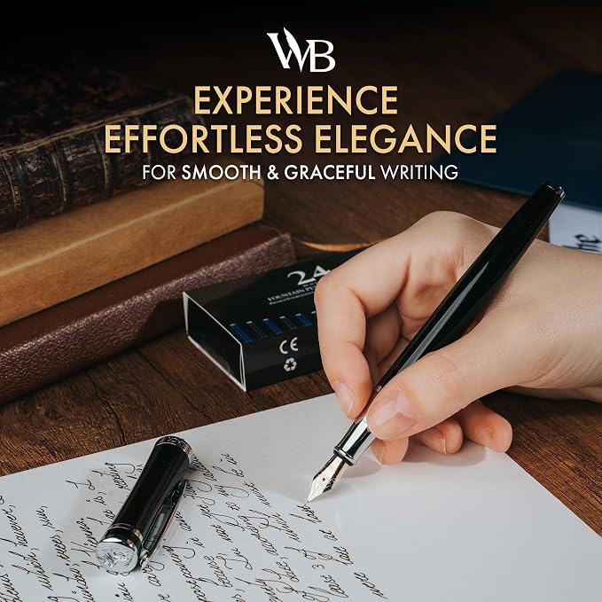 Wordsworth & Black Luxury Fountain Pen Set for Writing, Fine Nib, Black | Gift for Men & Women, Brass Body, German Iridium, Calligraphy, Converter + 24 Ink Cartridges, Refillable, Leak-Free