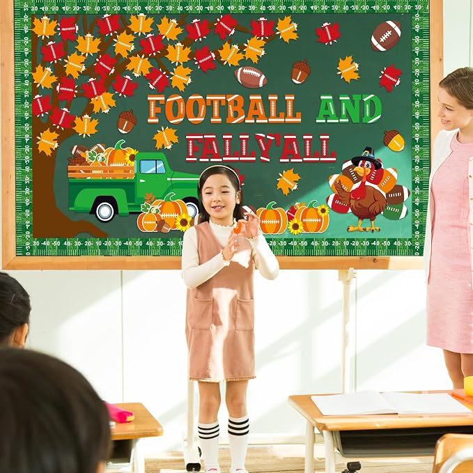 Fall Thanksgiving Football Bulletin Board Set Sports Classroom Decorations Autumn Maple Leaves Pumpkin Paper Cutouts Football Bulletin Board Border for Chalkboard Classroom Door Wall Sport Supplies