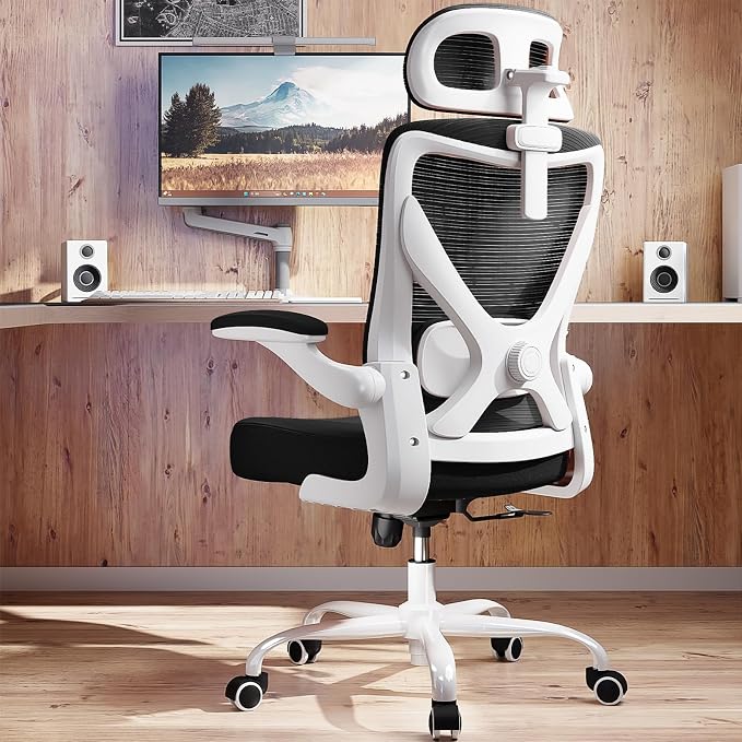 Ergonomic Office Chair: Mesh Desk Chair Comfy with Headrest& Lumbar Support | Ergalithic Big and Tall Office Chairs with Wheels & Flip-Up Arms-Computer Gaming Chairs for Adults Home Office (White Black)