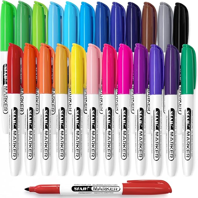 SFAIH 24 Colors Permanent Markers - Best Easter Gifts, Assorted Vibrant Colors, Quick Drying, Fade Resistant, Coloring Drawing Doodling, Alcohol-Based Fine Tip Permanent Pens for Paper Plastic Wood