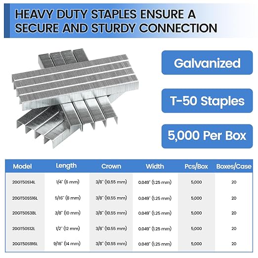 meite T50 Staples, 5/16 Inch Length Heavy Duty Staples for Staple Gun, Galvanized, 20 Gauge 3/8" Crown, Compatible with T50 Staple Gun, Ideal for Upholstery, Construction, Furniture (5,000 Counts)