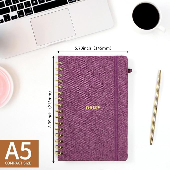 A5 Spiral Notebook, Fabric Hardcover College Ruled Journal | 100GSM Paper 160 Lined Pages, 5.7"x8.39" Steno Pads with Elastic Band & Pen Loop, for Work, School Note Taking (Purplish-red)