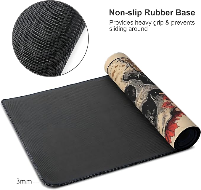 Aesthetic Skull Gaming Mouse Pad, Beige Red Japanese Desk Mat with Anti-Slip Base & Stitched Edges, Office Supplies & Desk Decor for Women, 35.4" x 15.7" in Home Office Essentials