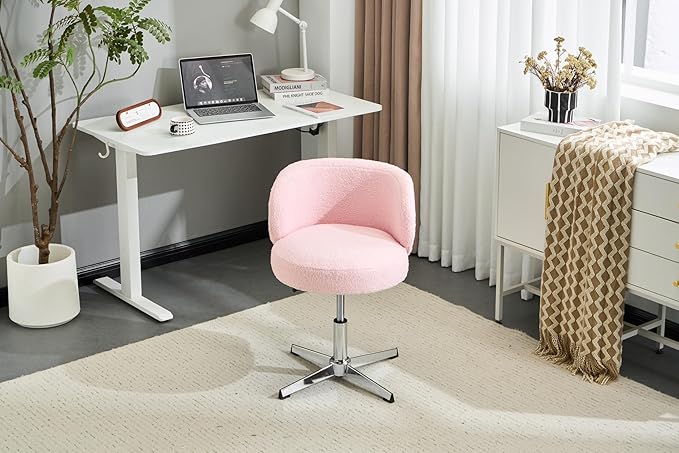 VINGLI Cute Small Swivel Desk Chair Comfy no Wheels,Ergonomic Low-Back Lumbar Support Vanity Nail Tech Computer Task Stool Girls Women Kids Chair for Home Office,Height Adjustable,Teddy Fleece,Pink