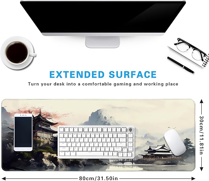 Cherry Blossom in Ink Gaming Mouse Pad 31.5x11.8 Inch White Full Desk Japanese Sakura Mousepad Extended Large Non-Slip Rubber Base Waterproof Big Keyboard Mat with Stitched Edges for Gaming and Office