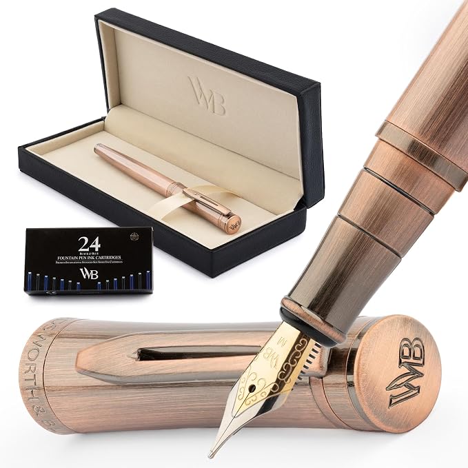 Wordsworth & Black Luxury Fountain Pen Set for Writing, Medium Nib, Copper | Gift for Men & Women, Brass Body, 18K German Iridium, Calligraphy, Converter + 24 Ink Cartridges, Refillable, Leak-Free