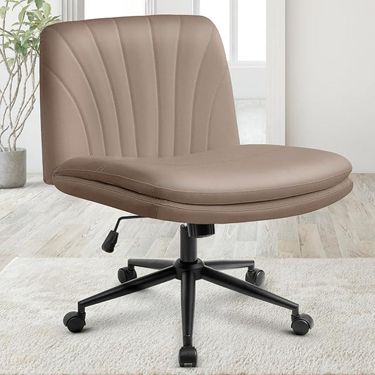 Orange Factory Criss Cross Chair with Wheels Comfy Wide Vanity Desk Chair Dual Base Leather Armless Adjustable Swivel for Home Computer Task (Brown Pu, Faux Leather)