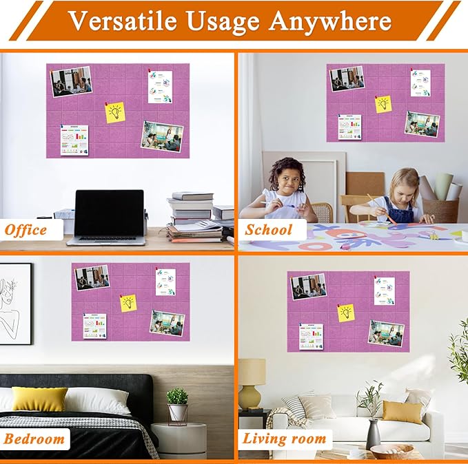 Large Square Felt Cork Board Tiles, Self Adhesive DIY Felt Bulletin Board with 35 Pushpins for Office School Home Wall Decor Stickers Memos Photos (Light Purple)