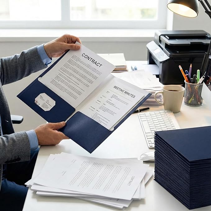 Zzrywuty File Folders with Pockets Letter Size,50-Pack Paper Folders with Card Slot,Blue Two Pocket Folders for School Students,Businessmen,Home and Office Workers