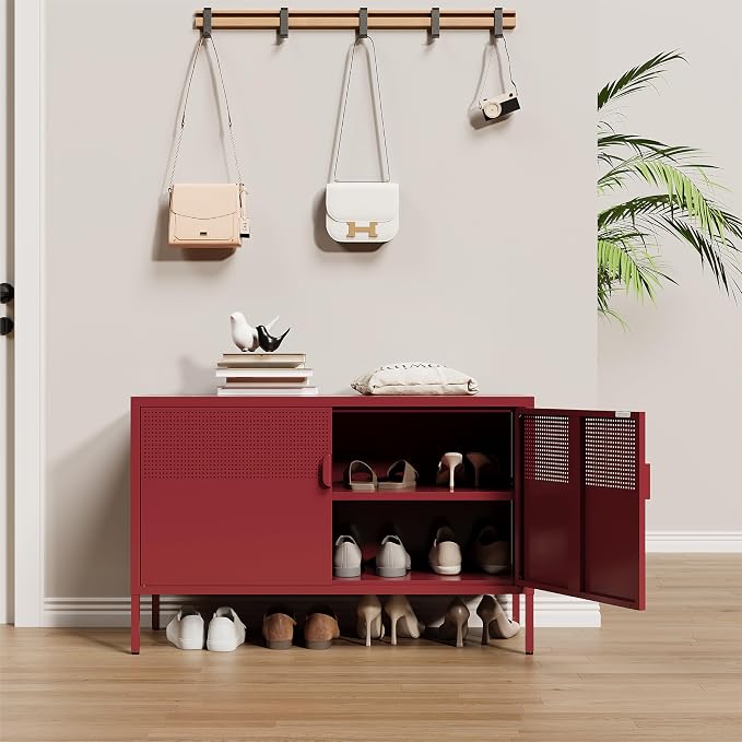 Metal Storage Cabinet,2 Door TV Stand, Metal Mesh Accent Cabinet | Magnetic Door Closure,Low Storage Cabinets with Doors and Shelf for Home,Office,Living Room