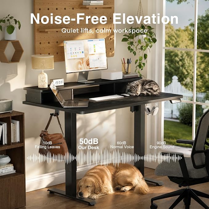Veken 47x28 in Electric Standing Desk with Drawers, Adjustable Table, Black | Stand up Computer Desk for Home Office, Work & Study, with Storage, 3 Memory Presets, Cable Organizer, Hook, and Quiet Lift.