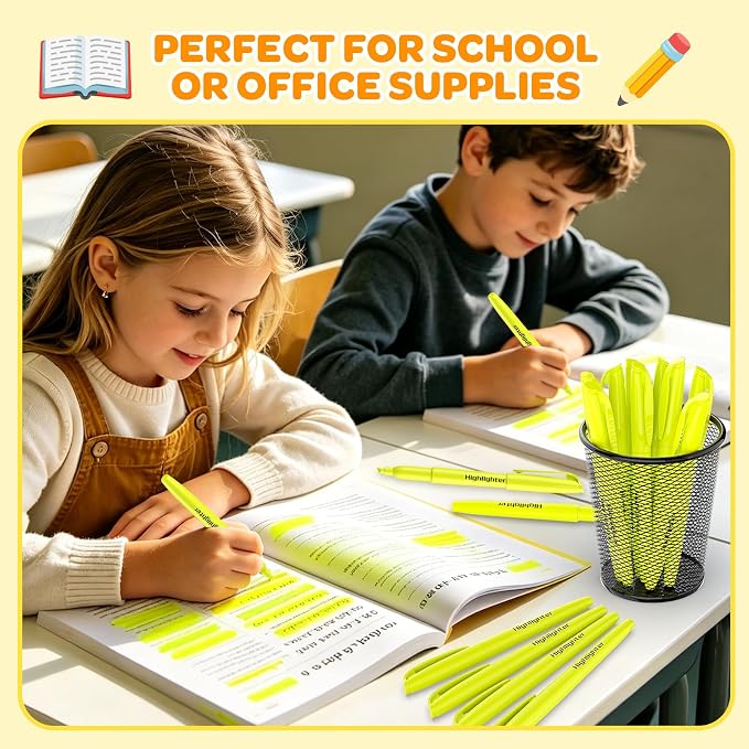 48 Pack Yellow Highlighters - Bulk Set with Chisel Tip, Quick Dry Ink and No Bleed Through, For Studying, Note-Taking, Back to School, Office, Students & Teachers Supplies
