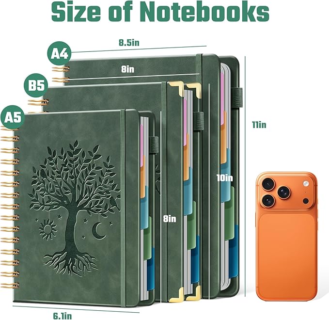 Hardcover Spiral Notebook 8" x 10" with 5 Removable Dividers 300 Pages Leather 5 Subject Notebook College Ruled 100GSM Large Spiral Notebooks for Work Thick Lined Journal for Women, Green