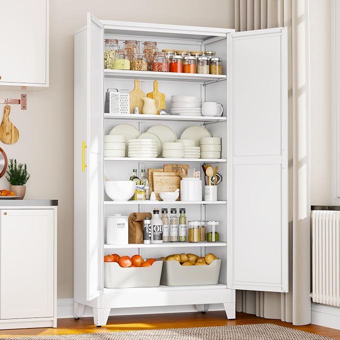 winiowa 78.7" Tall Metal Pantry Cabinet, Kitchen Storage Organizer, White | with 2 Doors and 5 Adjustable Shelves, Versatile Storage Cupboard for Kitchen, Laundry, Dining & Utility Room