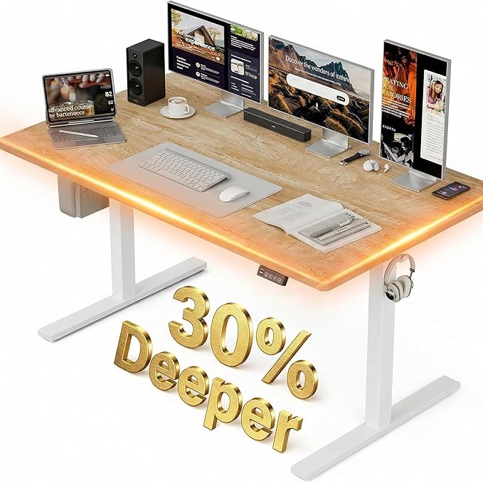 Grandder 47x32 Large Electric Standing Desk, Height Adjustable Computer Desk with 2 Memory Presets, 31.5" Deep Desktop Sit Stand Desk Home Office Desk Workstation Table with Hooks, Maple