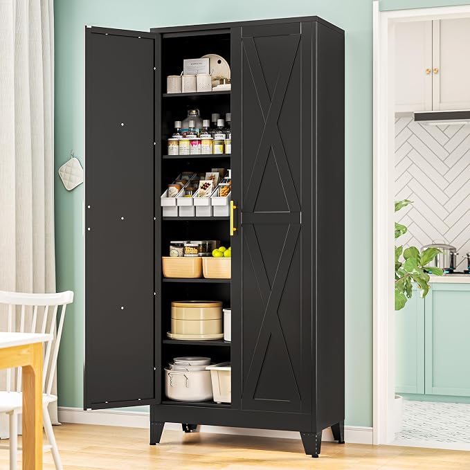 PAOFIN 75" H Tall Kitchen Storage Cabinet with Doors | Freestanding Pantry Cabinet,Farmhouse Food Storage Cabinets,Tall Cabinets for Kitchen, Dining Room, Living Room(Black)
