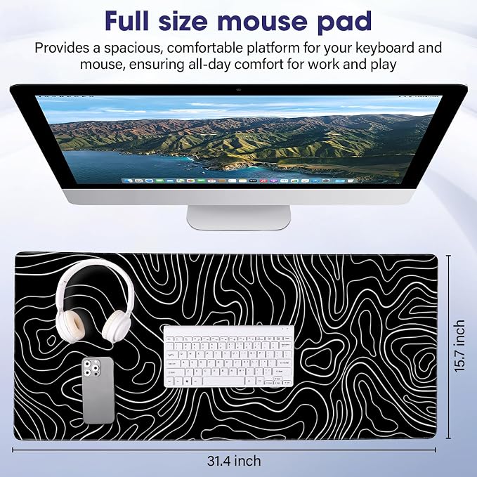 Professional Extended Gaming Mouse Pad - 31.5" x 15.7" Large Desk Mat with Stitched Edges, Waterproof Coating Non-Slip Rubber Base for Gamers Esports Pros Office Home, Black White