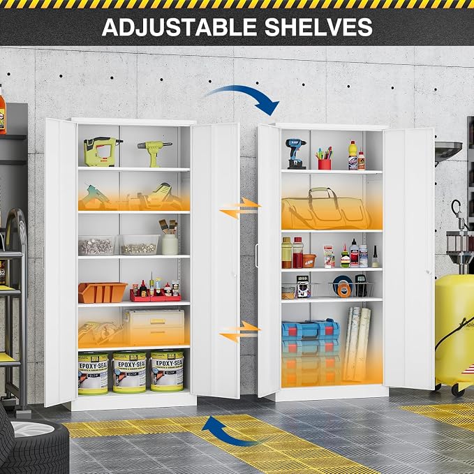 Fesbos Metal Storage Cabinet-72” Tall Steel File Cabinets with Lockable Doors and 5 Adjustable Shelves-White Steel Storage Cabinet for Home, School, Office, Garage