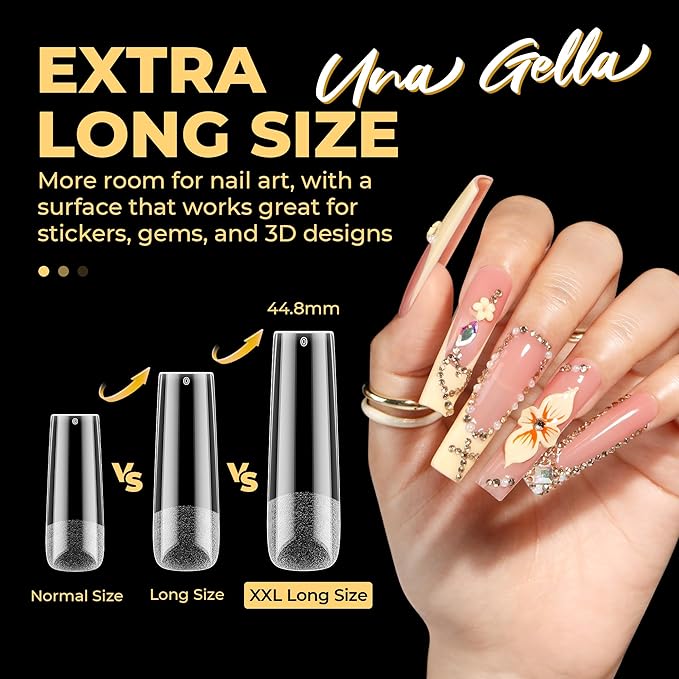 UNA GELLA Extra Long Tapered Square Nail Tips, Pre-buffed 240Pcs Square Gel Nail Tips No C Curve XXL Long Press on Nails Full Cover Straight for Nails Extension Home DIY Salon 12 Sizes
