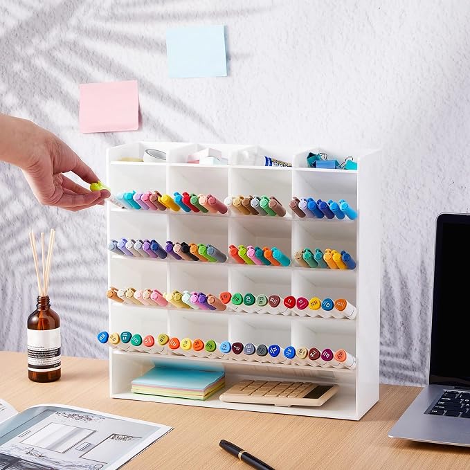 MotiMind Acrylic Pen Organizer Storage for 250 Markers Vertical Marker Organizer Acrylic Pen Display Holder for Office Desk Desktop Stationery Pencil Storage, White, 13 x 4 x 12.4 Inch