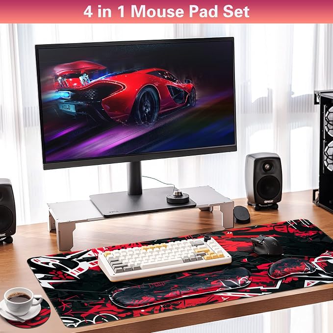 Canjoy Desk Mat with Keyboard and Mouse, Desk Pad with Wrist Rest Support | 4-in-1 Big Large Mouse Pad(35.4×15.7in) + Keyboard Wrist Rest + Coaster, Extended Keyboard Mat Computer Desk Pad Memory Foam