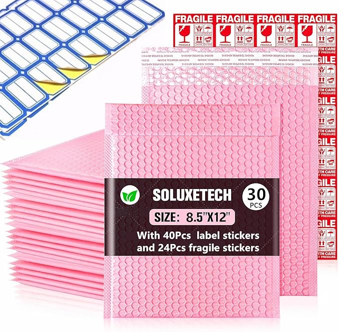 Bubble Mailers 8.5x12'' 30 Pack and 40PCS Label Stickers Pink Thick Waterproof Padded Poly Envelopes Bubble Wrap Mailers Self Seal Shipping Bags for Mailing Small Business Homes Envelope Mailers #2