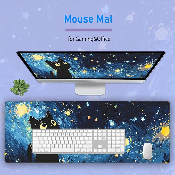 Starry Night Black Cat Mouse Pad,Blue Anime Large Desk Mat,31.5x12in | Cute Kitty Van Gogh Dreamy Star Mousepad,Fade Resistant Stitched Edge XL Gaming Keyboard mat for Office Home,80x30 cm