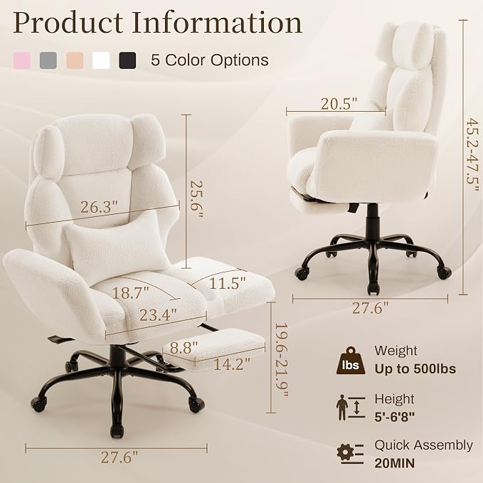 Office Chair with Flip Armrests,Big and Tall Office Chair with Foot Rest,Extra Wide Seat & Lumbar Pillow,Ergonomic Computer Gaming Chair,Comfy Criss Cross Chair for Pets Sitting,Teddy Fleece,White