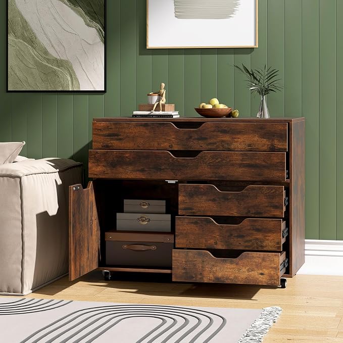 DREAMADE Rolling File Cabinet, 5-Drawer Filing Cabinet, Rustic Brown | Mobile Storage Cabinet with Door and Lockable Metal Wheels, Wood Printer Stand Organizer for Home Office and Study