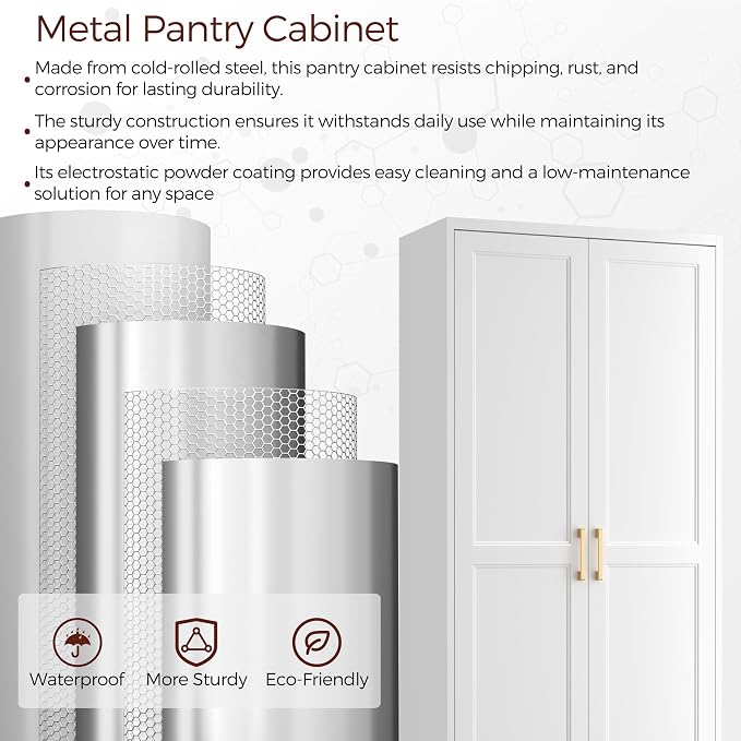 71" Tall Metal Kitchen Pantry Cabinet, Storage Cabinet with Doors | Kitchen Cabinet with 4 Adjustable Shelves, Food Pantry Cabinet, Cupboard for Kitchen,Dining Room, Living Room, Office, School