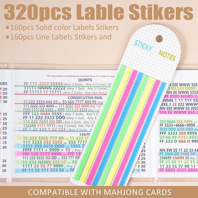 320 pcs Mahjong Card Line Finder Highlighter Tape, Mahjong Line Highlighter Stripe, Transparent Sticky Card Markers Tabs, Mahjong Game Rule Reader, Reusable & No Adhesive Residue (Solid color + Lines)