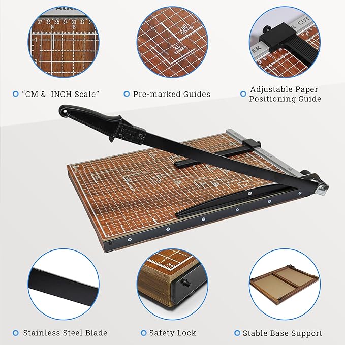 A3 Guillotine Paper Cutter Trimmer, 18" Wood Paper Trimmer for Office and Crafts, 10-12 Sheets Capacity (Brown)