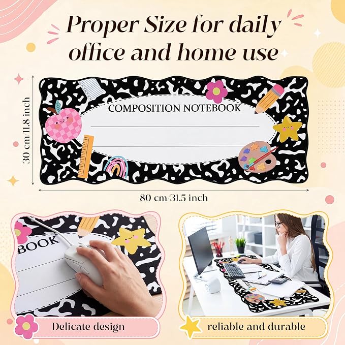 1 Pcs Composition Book Scalloped Desk Mat 31.5 x 11.8 Inch Large Cute Mouse Pad Computer Mat Non Slip Waterproof Rubber Base with Border Stitching Soft Keyboard Pad for Teacher Desk Home Office