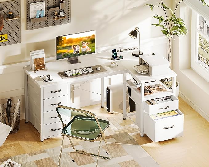 Coleshome 55 Inch L Shaped Office Desk with 6 Drawers, Power Outlet, White | 5 Fabric Drawers, File Drawer, USB and Type-C Ports, Open Storage Shelf, Reversible Layout for Home Office